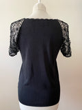 CASAMIA BLACK FINE RIB KNIT TOP WITH BEADED LACE SHORT SLEEVES SIZE S