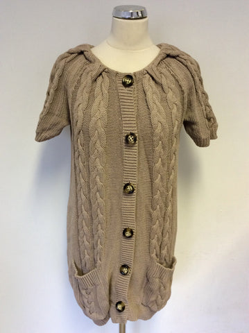 OUI MOMENTS CAMEL CHUNKY CABLE KNIT SHORT SLEEVE CARDIGAN SIZE 14