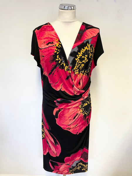 JOSEPH RIBKOFF BLACK & RED POPPY PRINT STRETCH JERSEY DRESS  SIZE 16