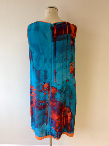 DAMSEL IN A DRESS TURQOUISE & ORANGE PRINT SILK SHIFT DRESS SIZE 14