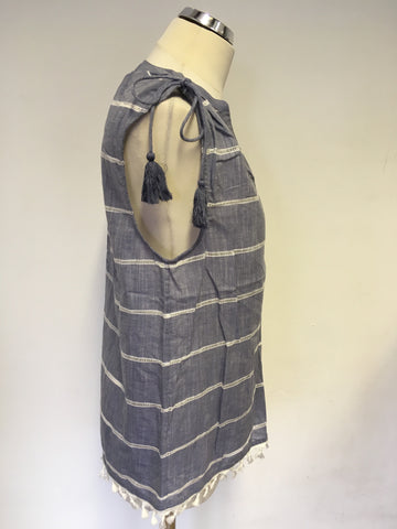 MINT VELVET DENIM BLUE & WHITE STRIPED STITCHING SLEEVES TOP SIZE 14