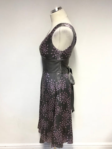 TED BAKER GREY & LILAC PRINT 100% SILK SLEEVELESS FIT & FLARE DRESS SIZE 2 UK 10