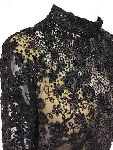 LORCAN MULLANY BY JACQUES VERT BLACK BEADED & SEQUINNED FRINGED EVENING DRESS SIZE 14