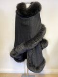 HUNDRED PERCENT CASHMERE DARK GREY FUR TRIM LARGE WRAP AROUND ONE SIZE