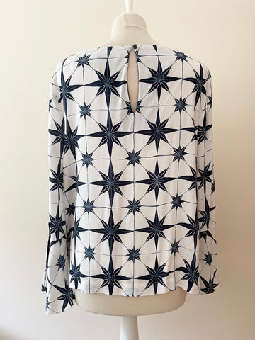 MINT VELVET BLUE & WHITE STAR PRINT LONG FLUTED TIE SLEEVE TOP SIZE 16
