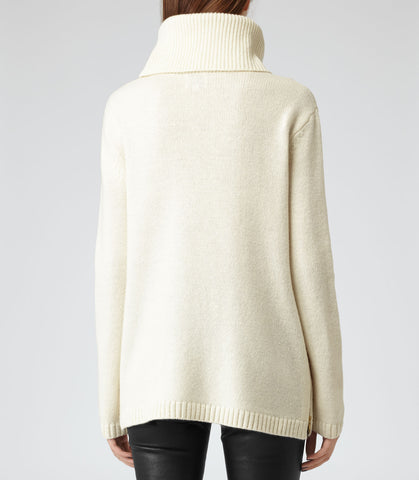 REISS MALIN IVORY WOOL BLEND ROLL NECK SIDE ZIP OVERSIZE JUMPER SIZE S