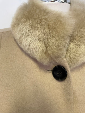 THE ALPACA COLLECTION BEIGE FUR TRIM MID LENGTH ALPACA BLEND COAT SIZE L