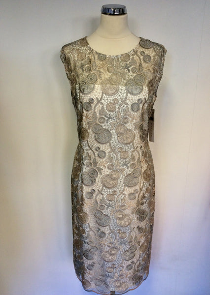 BRAND NEW GINA BACCONI SILVER GREY & PALE GOLD LACE SPECIAL OCCASION DRESS SIZE 18