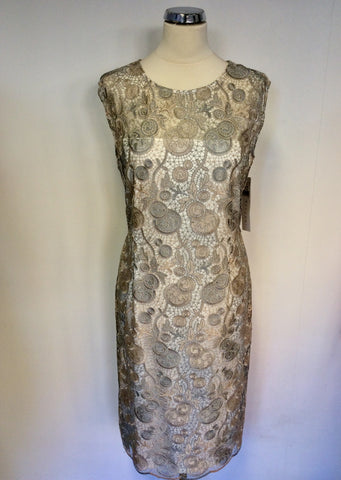 BRAND NEW GINA BACCONI SILVER GREY & PALE GOLD LACE SPECIAL OCCASION DRESS SIZE 18