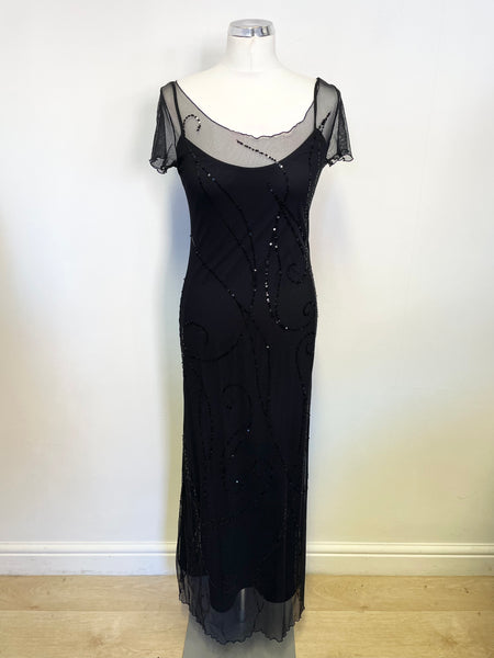 PHASE EIGHT BLACK SEQUINNED EMBELLISHED LONG EVENING DRESS SIZE 10