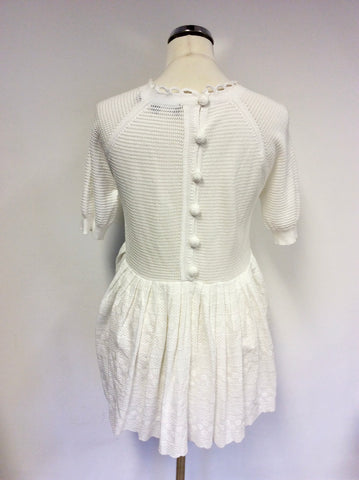 FRENCH CONNECTION WHITE COTTON KNIT & BROIDERY ANGLAISE TRIM TUNIC TOP SIZE XS