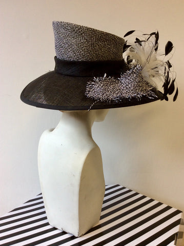 VICTORIA ANN BLACK & WHITE WEAVE WITH FEATHERS WIDE BRIM FORMAL HAT