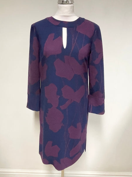 HOBBS NAVY & BURGUNDY PRINT LONG SLEEVE SHIFT DRESS SIZE 10