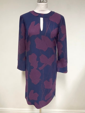 HOBBS NAVY & BURGUNDY PRINT LONG SLEEVE SHIFT DRESS SIZE 10