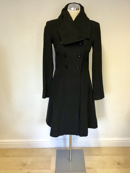 REISS BLACK WOOL & CASHMERE BLEND FIT & FLARE ZIP UP COAT SIZE XS