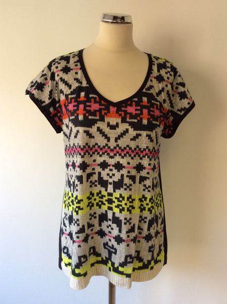 MARCCAIN SPORTS BLACK & MULTI COLOURED PRINT CAP SLEEVE T SHIRT SIZE N4 UK 14