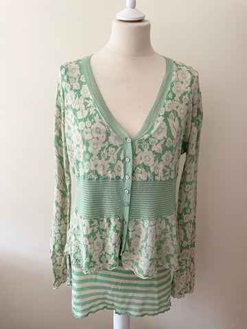 WHISTLES GREEN & CREAM FLORAL & STRIPE PRINT CARDIGAN WITH INNER TOP SIZE 4 UK L