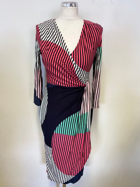 BRAND NEW PHASE EIGHT MULTICOLOURED STRIPE DESIGN STRETCH JERSEY WRAP DRESS SIZE 8
