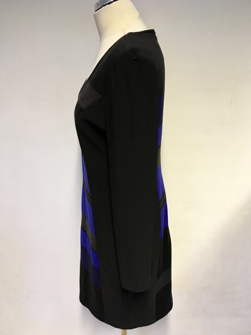 JOSEPH RIBKOFF BLACK,GREY & BLUE LONG SLEEVE PENCIL DRESS SIZE 16