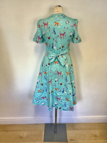 LINDY BOP IONIA AQUA GREEN FOREST ANIMAL PRINT DRESS SIZE 10