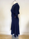 WHISTLES NAVY BLUE SHORT SLEEVED BELTED FIT & FLARE DRESS SIZE 8