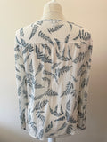 JIGSAW IVORY WITH BLUE & GREY LEAF PRINT SILK LONG SLEEVE TOP SIZE 12