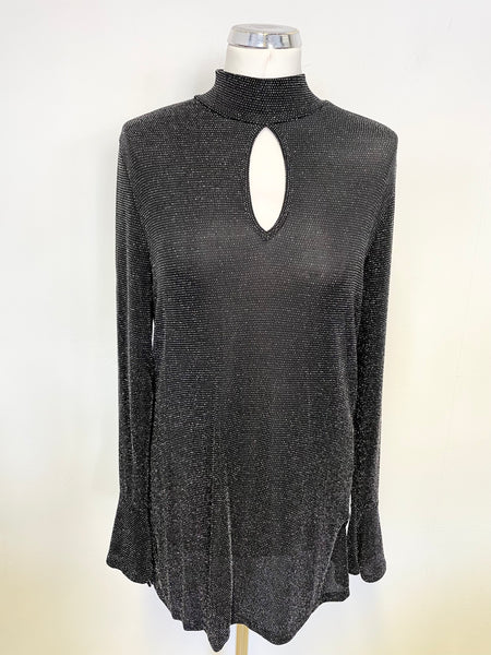 SOUSANDAR BLACK & SILVER SPARKLE LONG SLEEVE TUNIC TOP SIZE 14
