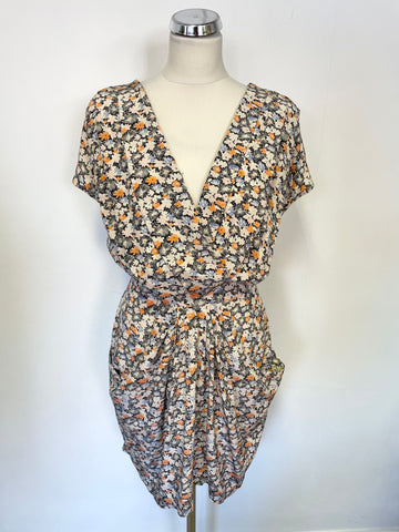 WHISTLES IVORY,CORAL & BLUE FLORAL PRINT CAP SLEEVE SILK DRESS SIZE 10