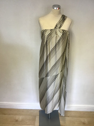REISS IVORY & GREEN STRIPE SILK ONE SHOULDER DRAPE DRESS SIZE 8