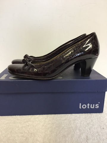 BRAND NEW LOTUS TATUM DARK BROWN PATENT CROC PRINT BOW TRIM HEELS SIZE 4/37