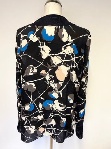 JIGSAW BLACK FLORAL PRINT COLLARED V NECKLINE LONG SLEEVE  TOP SIZE S