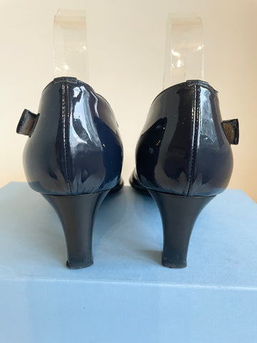 RUSSELL & BROMLEY NAVY BLUE PATENT LEATHER BUCKLE STRAP HEELS SIZE 6/39