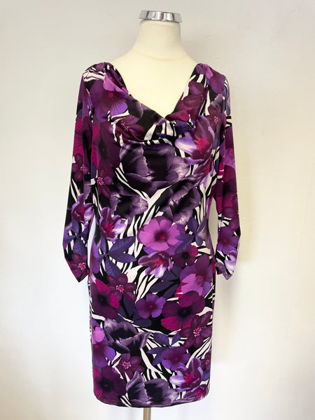STAR BY JULIEN MACDONALD PURPLE FLORAL PRINT 3/4 SLEEVE SHIFT DRESS SIZE 8