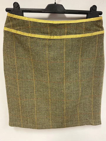 JOULES GREEN & MUSTARD TRIM TWEED WOOL A LINE TIE FRONT SKIRT SIZE 12