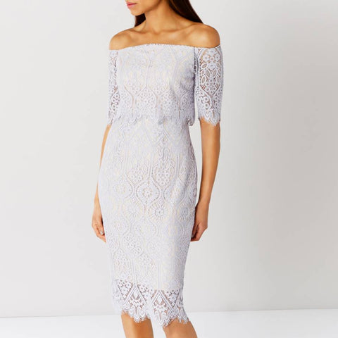 BRAND NEW COAST MARSHA SILVER GREY OFF SHOULDER LACE PENCIL DRESS SIZE 12