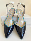 BRAND NEW BODEN NAVY BLUE & TURQUOISE PATENT LEATHER SLINGBACK HEELS SIZE 4.5/37.5