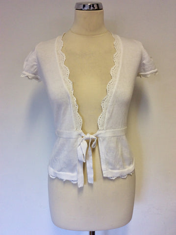 WHISTLES WHITE LACE TRIM CAP SLEEVE CARDIGAN SIZE 2 UK 8/10