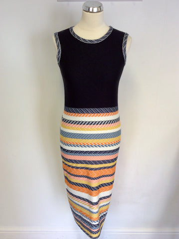 HOBBS NAVY BLUE & MULTI COLOURED STRIPE PENCIL DRESS SIZE 8