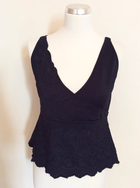 KAREN MILLEN BLACK EMBROIDERED SLEEVELESS FINE KNIT TOP SIZE 3 UK 12