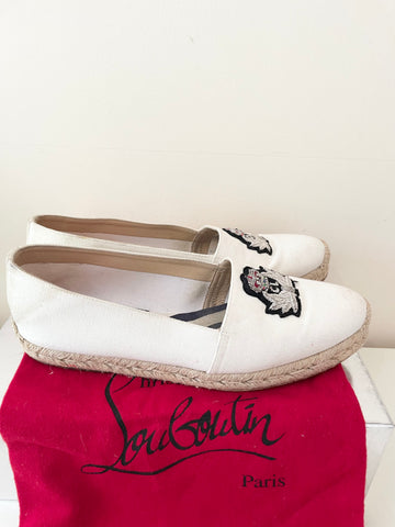CHRISTIAN LOUBOUTIN WHITE CANVAS EMBROIDERED CREST FROST ESADRILLE FLATS SIZE 6/39