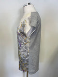 MARCCAIN GREY WITH SILK FRONT CRANE PRINT CAP SLEEVE TOP SIZE 2 UK 10/12