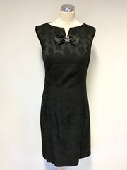 VINTAGE UNBRANDED BLACK FLORAL PRINT BOW TRIM WITH DIAMANTÉ PENCIL DRESS SIZE 40 UK 10