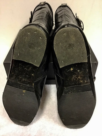 KAREN MILLEN BLACK PATENT LEATHER BUCKLE TRIM FLAT BOOTS SIZE 7/40