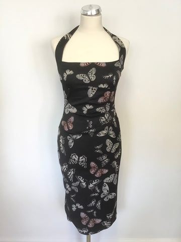 KAREN MILLEN NAVY BLUE HALTERNECK BUTTERFLY PRINT PENCIL DRESS SIZE 10