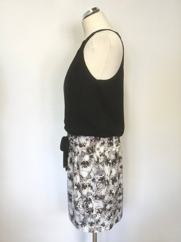 MINT VELVET BLACK TOP WITH BROWN & CREAM PRINTED SKIRT DRESS SIZE 12