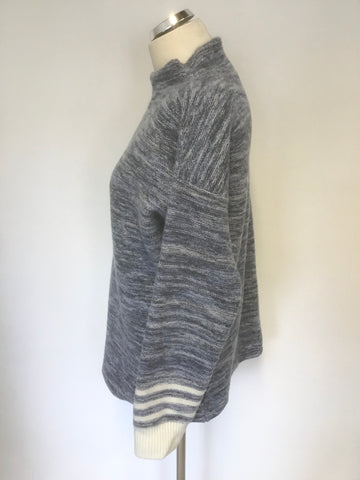 CELTIC & CO BLUE MARL & CREAM TRIM 100% WOOL LONG SLEEVE JUMPER SIZE L