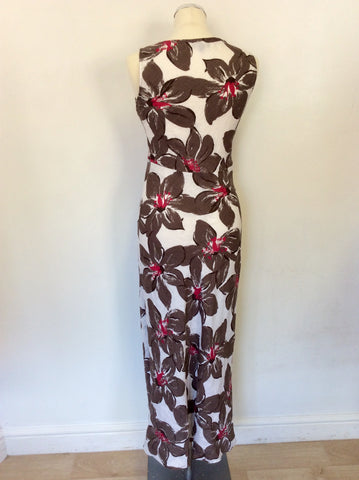 HOBBS WHITE,BROWN & PINK LONG LINEN FLORAL PRINT DRESS SIZE 10