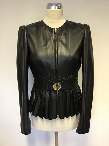 CAVALLI CLASS BLACK SOFT LEATHER PLEATED JACKET WITH GOLD SNAKE CLASP SIZE 10