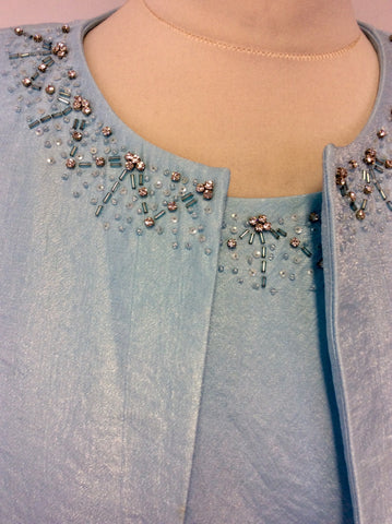 PRÉCIS AQUA BEADED NECKLINE PENCIL DRESS & BOLERO JACKET SIZE 14/16