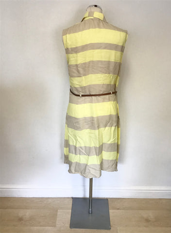 LAURA ASHLEY LEMON & BEIGE STRIPE BUTTON UP SLEEVELESS DRESS SIZE 14